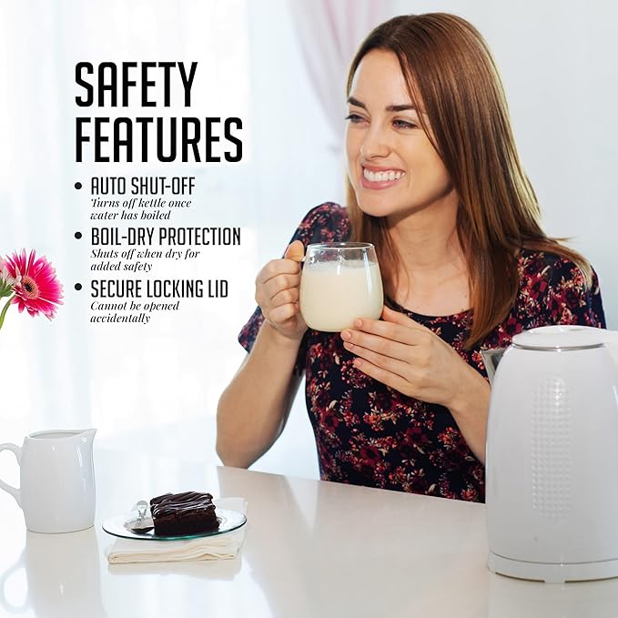 OVENTE Electric Kettle, 1.7L Double Wall Stainless Steel Insulated Water Boiler & Heater for Coffee or Tea, 1100W Fast Boiling with Auto Shut-Off, Boil-Dry Protection & Secure Locking Lid, White KD64W