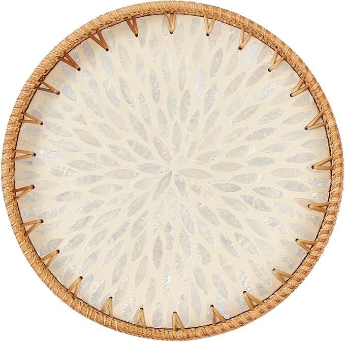 Round Rattan Tray with Mother of Pearl Inlay & Wooden Base