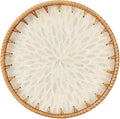 Round Rattan Tray with Mother of Pearl Inlay & Wooden Base