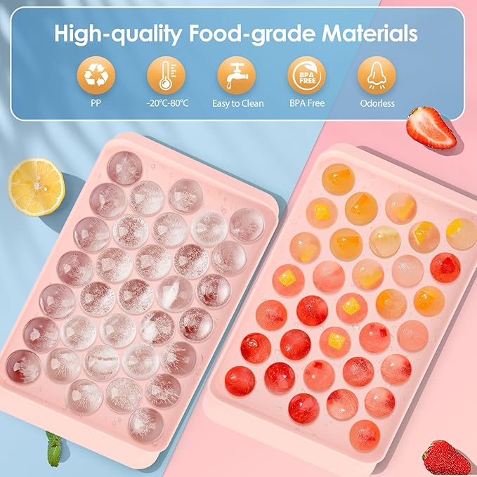 WIBIMEN Ice Cube Tray with Lid and Bin - Round Ice Trays for Freezer with Lid - Ice Cube Trays for Freezer with Ice Container (1"-2PACK Pink)