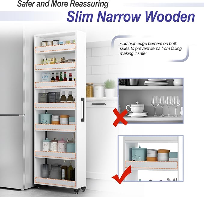 7-Tier Slim Storage Cart, Wooden Rolling Pantry Cabinet with Wheels, Narrow Shelf Organizer for Kitchen, Bakers Rack, Dining Room, Closet, Small Spaces Dark Walnut 47.2" H*9.8" W*23.6" D