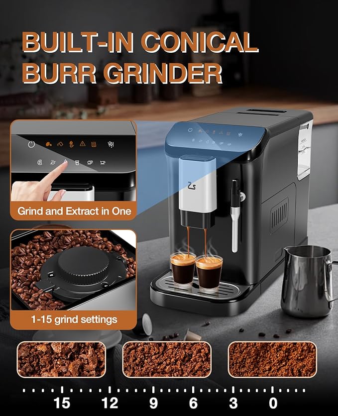 IDEALHOUSE Fully Automatic Espresso Machine with Grinder and Milk Frother, Touchscreen Coffee Maker, 20 Bar Pressure, 1.5L Water Tank, One-Touch Latte and Cappuccino