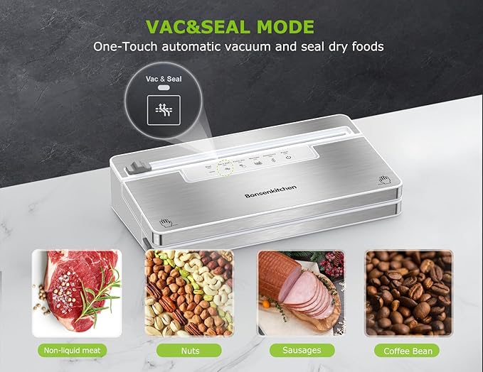 Bonsenkitchen Vacuum Sealer Machine, Stainless Steel Food Sealer Vacuum Sealers with 30 Bags & 1 Roll, 5 Food Vacuum Modes, Built-in Cutter & Bag Storage (White Silver)