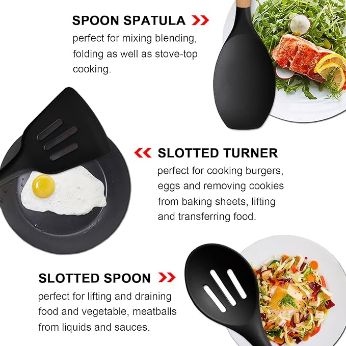 Silicone Cooking Utensils Set of 5, Heat Resistant Silicone Kitchen Utensils Set with Wooden Handle, BPA Free Spatula Spoon Turner Ladle Cooking Kitchen Gadgets for Nonstick Cookware & Baking