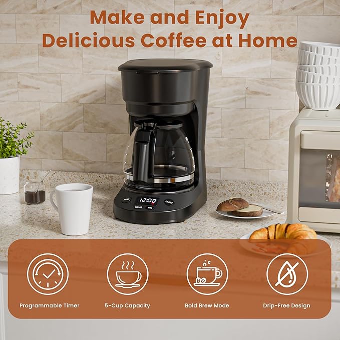 WAA 5 Cup Drip Coffee Maker, Portable Coffee Machine with Programmable Timer, Coffee Pots with Reusable Filter, Auto Shut-Off and Keep Warm Plate, Delay Brew, 25oz Water Tank, Black