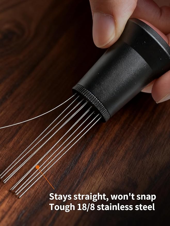 WDT Tool Espresso Distribution Tool with 10 x 0.25mm Stainless Steel Needles, Espresso Machine Accessories with 10 Extra 0.4mm Needles, Aluminum Alloy Handle Stand with Hide Brush for Barista