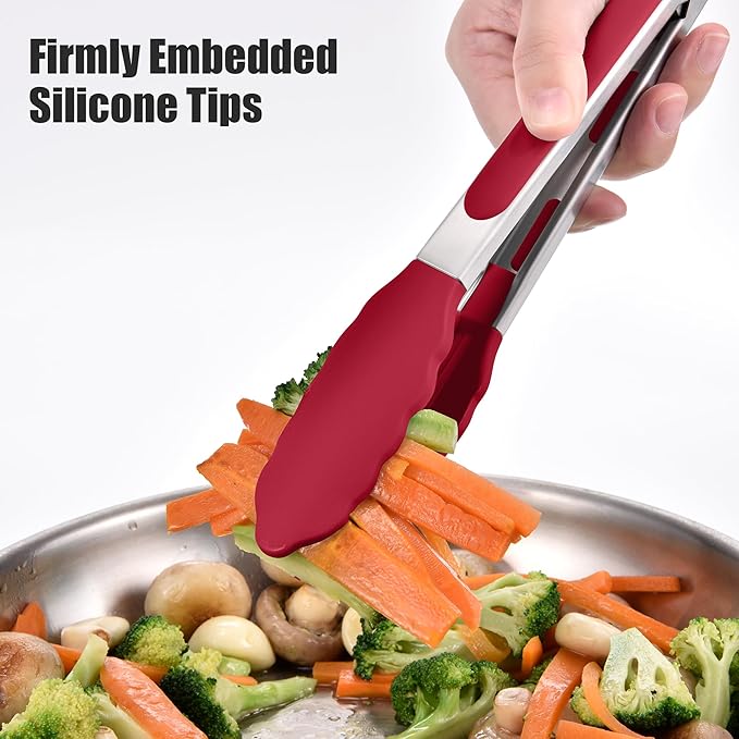 Doosu Kitchen Tongs for Cooking - 600°F Heat Resistant Food Tong Set with Non-Scratch Silicone Tips, Heavy Duty Stainless Steel Locking Tong for BBQ, Grilling Steak, Serving Salad (9+12in, Red)