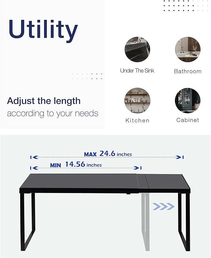 Nxconsu Cabinet Shelf Expandable Organizer Riser Rack for Kitchen Pantry Cupboard Under Sink Countertop Home Organization Extra Storage Space Saver Heavy Duty Metal Edgeless Design Black Large