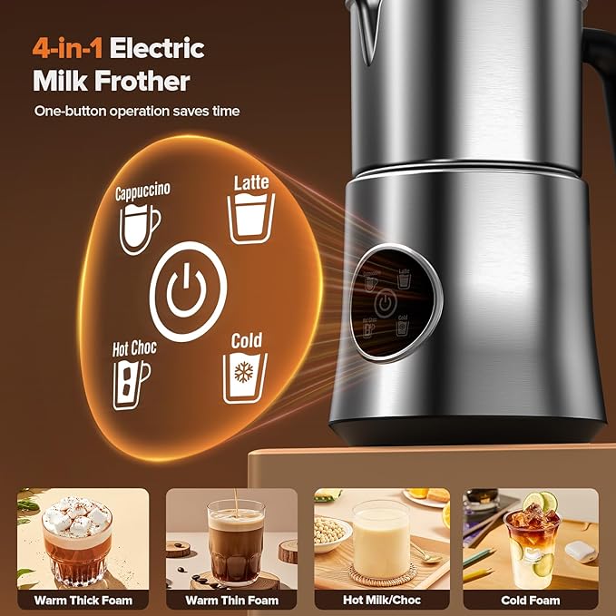 Milk Frother and Steamer,Warm and Cold Foam Frother with 4 in 1 Function, 304 Stainless Steel Jug, 17.6oz/500ml and BPA Free