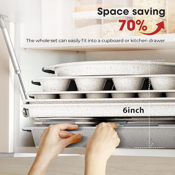11-Piece Nonstick Baking Pans Set, Stackable Non Toxic Bakeware Sets with Cookie Sheets, Cake Pan, Loaf Pan, Pizza Pan, Muffin Pan, White&Gray