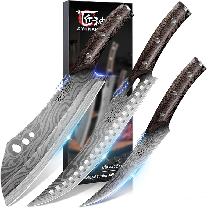 Butcher Knife Set, 3 PCS Kitchen Knives Set for Cutting, Meat Cleaver Chef Knife Set, Japanese Style High Carbon Steel Knives Set, Chopping & Slicing & Boning for Home and BBQ, Gift for Men