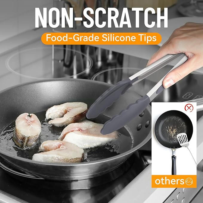 Hotec Silicone Kitchen Tongs for Cooking 9-Inch Serving Tongs with Silicone Tips, Set of 3 (Black Grey Khaki)