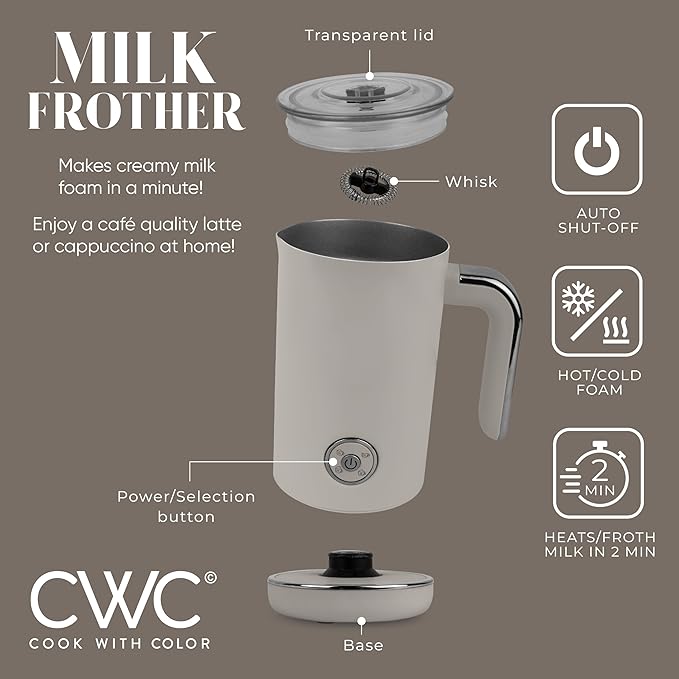 COOK WITH COLOR 4-in-1 Electric Milk Steamer and Frother - 2-Minute Heating and Frothing, Hot and Cold Foam Maker for Coffee, Latte, Cappuccino, Macchiato, Milk Warmer, Auto Shut Off, Sand
