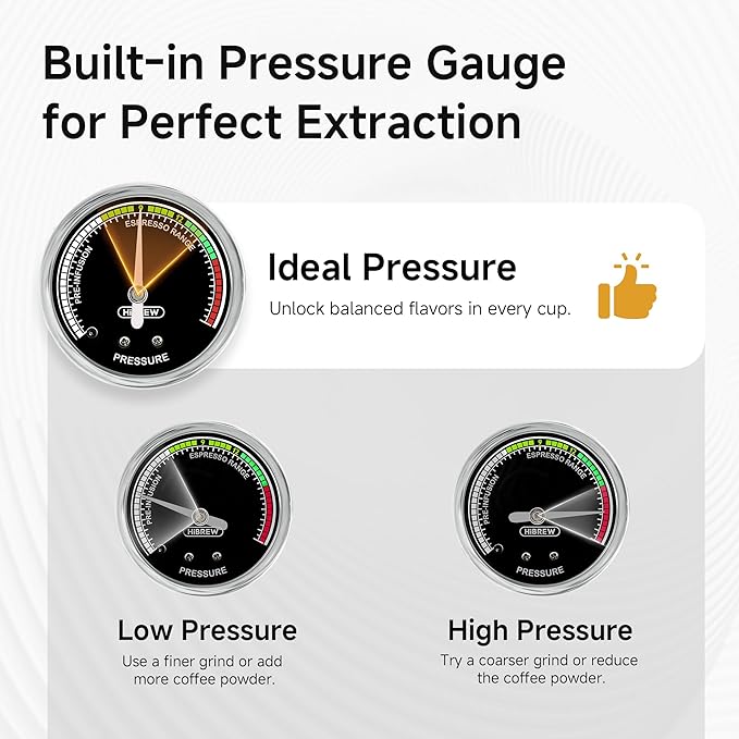HIBREW Espresso Machine 20 Bar, Semi-Automatic Cappuccino Maker with Milk Frother for Latte Art, Adjustable Temperature & Water Volume, with Display, Pressure Gauge & Stainless Steel Body