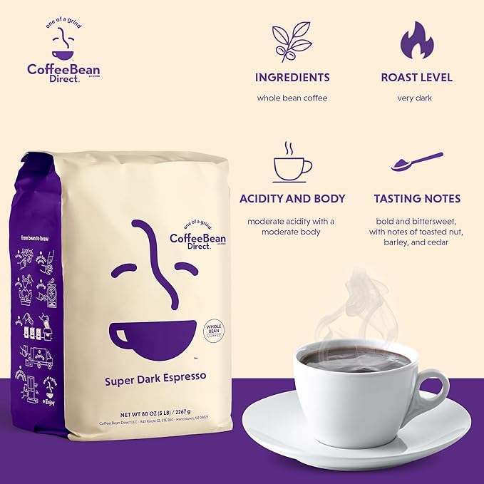 Coffee Bean Direct Super Dark Espresso, Whole Bean Coffee, Very Dark Roast, 5 Pound Bag (Pack of 1)