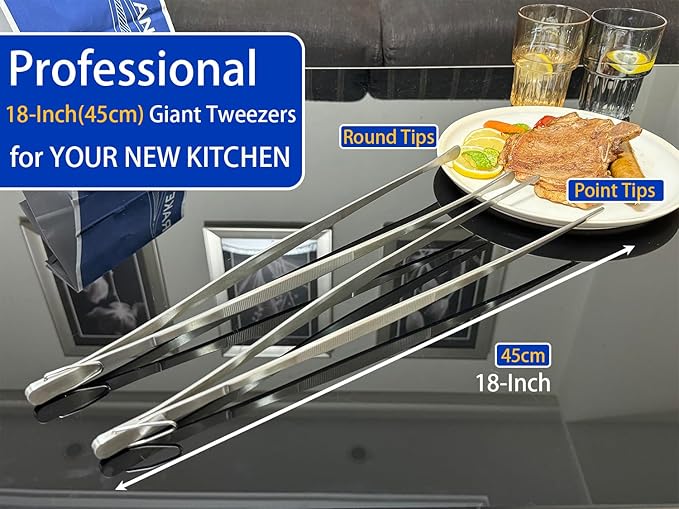 JETKONG 18 Inch (45cm) Extra Long Grill Tongs, Heavy Duty Stainless Steel Tweezer Tongs for Cooking, Grilling, Barbecue/BBQ, Buffet and Turning Food (Round Tips)
