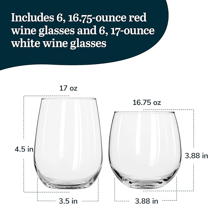 Libbey Stemless 12-Piece Wine Glass Party Set for Red and White Wines