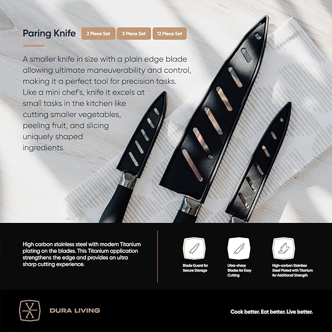 DURA LIVING Paring Knife - 3.5 Inch Black Nonstick Titanium Plated Stainless Steel Ultra Sharp Blade, With Ergonomic Comfort Grip Handle Kitchen Knife, With Matching Sheath