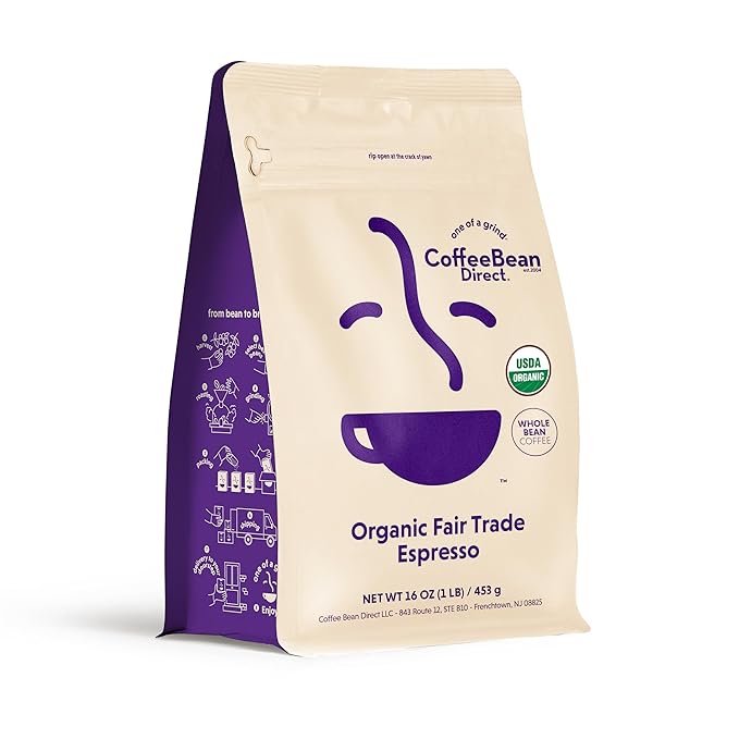 Coffee Bean Direct Organic Fair Trade Espresso Blend, Whole Bean Coffee, Dark Roast, 1 Pound Bag (Pack of 1)
