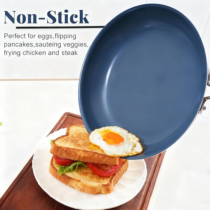 Stainless Steel Non Stick Frying Pan 10 Inch - Ceramic Coating Skillet with Lid