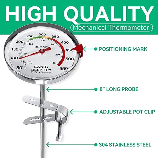 BOMATA 2-Pack Waterproof IP67 Candy Thermometers with Pot Clip, Deep Fry Oil Thermometer with Upgraded 2.5in Large Display for Cooking, Food, Turkey, BBQ, Grill... Mth400 Silver & Gray