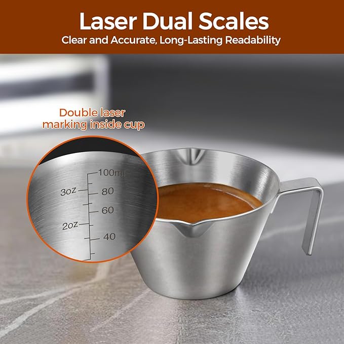 1Pc Stainless Steel Espresso Cups, Double Spout Metal Measuring Cup with Dual Scale, Espresso Shots Cup with Handle, Coffee Bean Weighing (Black), 3.4oz/100ml