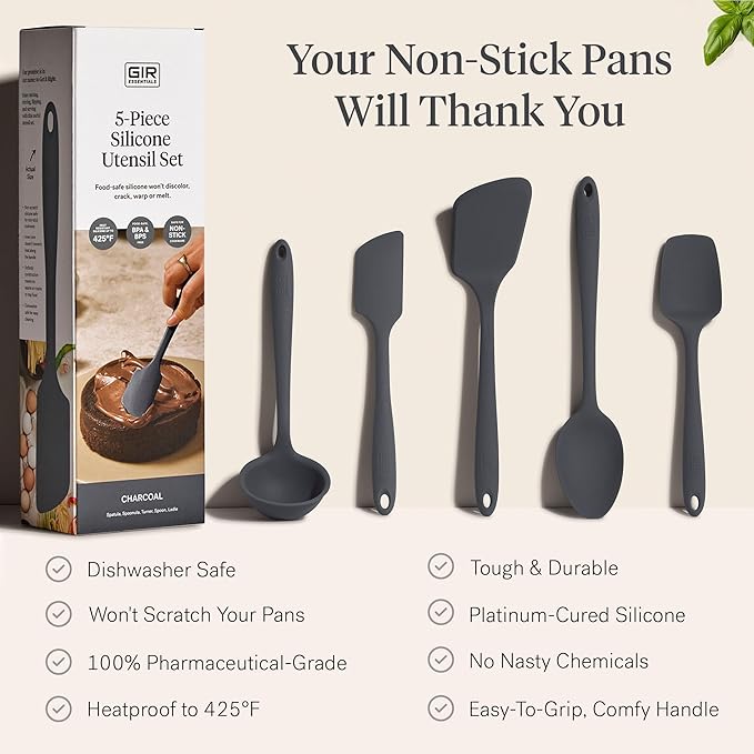 GIR: Get It Right 5 Piece Silicone Essentials Kitchen Utensils Set - Ladle, Spatula, Flip, Spoon & Spoonula - Non-Toxic Cooking Utensils for Nonstick Cookware, Cooking and Baking - Charcoal