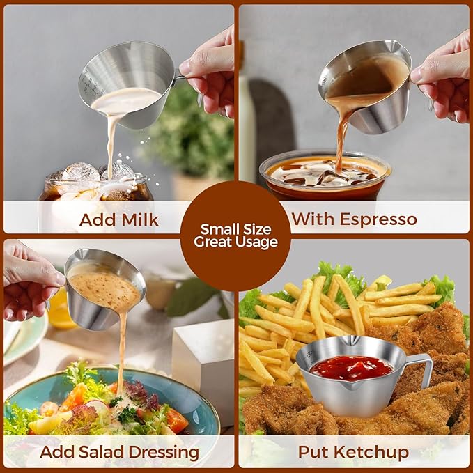 2Pcs Stainless Steel Espresso Cup, Double Spout Metal Espresso Measuring Cup with Handle, 3.4oz/100ml V-Shaped Mouth with Dual Scale (Black+White)