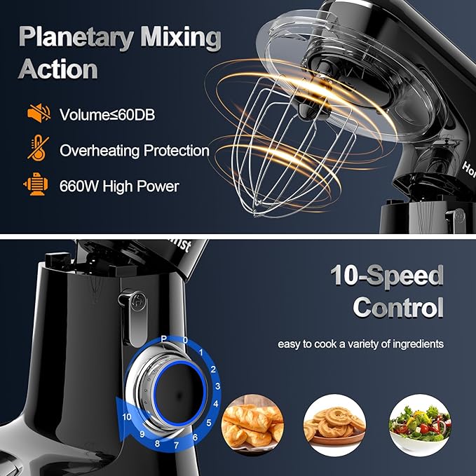 Stand Mixer, 6.5QT 10-Speed Tilt-Head Electric Stand Mixer, 3-In-1 Kitchen Mixer with Bowl, Dough Hook, Whisk and Beater, Food Mixer for Baking, Cake and Most Home Cooks, Black