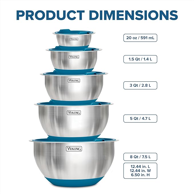 VIKING Mixing Bowls Set 10 Piece - Stainless Steel with Non-Slip Silicone Base Blue