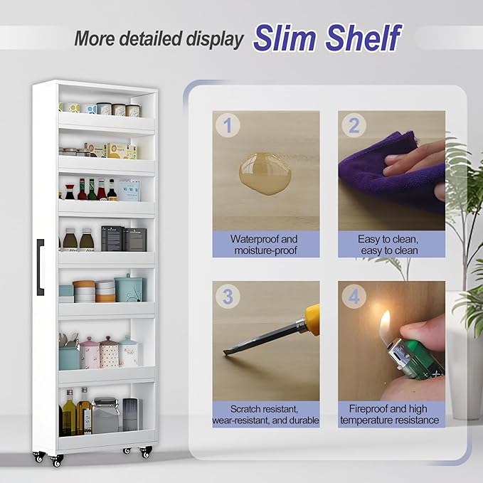 7-Tier Slim Storage Cart, Wooden Rolling Pantry Cabinet with Wheels, Narrow Shelf Organizer for Kitchen, Bakers Rack, Dining Room, Closet, Small Spaces Teak 47.2" H*9.8" W*23.6" D