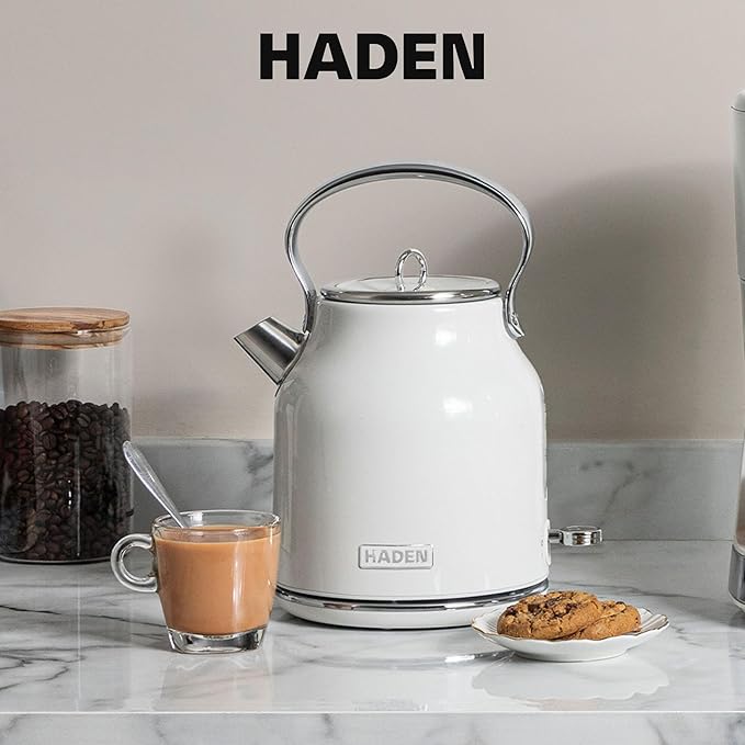 Haden Heritage 1.7 Liter Stainless Steel Electric Kettle, Hot Water Kettle with 360-Degree Base and Auto Shutoff, Ivory & Chrome