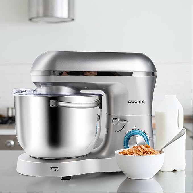 Aucma Stand Mixer,6.5-QT 660W 6-Speed Tilt-Head Food Mixer, Kitchen Electric Mixer with Dough Hook, Wire Whip & Beater (6.5QT, Silver)