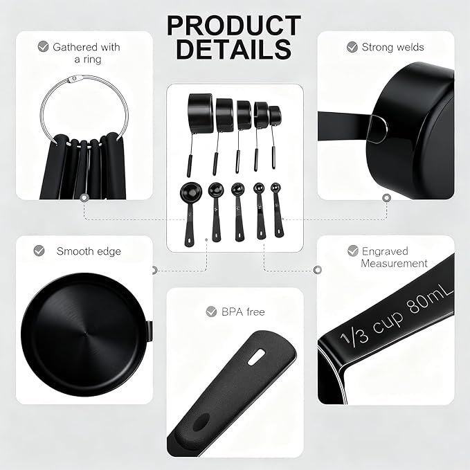 Measuring Cups and Spoons Set, Stainless Steel 10 Piece for Cooking and Baking (5 Cups + 5 Spoons, All Black)