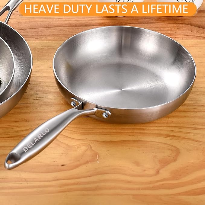 DELARLO Whole body Tri-Ply Stainless Steel 8inch Small Frying Pan, Chef's Pans Oven safe induction kitchen skillet,Suitable for All Stove (Detachable Handle)