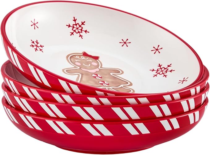Bico Traditional Gingerbread Man Pasta Bowls, 35oz Salad Bowl Set of 4, Large Ceramic Serving Dinner Bowls for Soup and Cereal, Microwave and Dishwasher Safe, Gift for Housewarming and Holiday