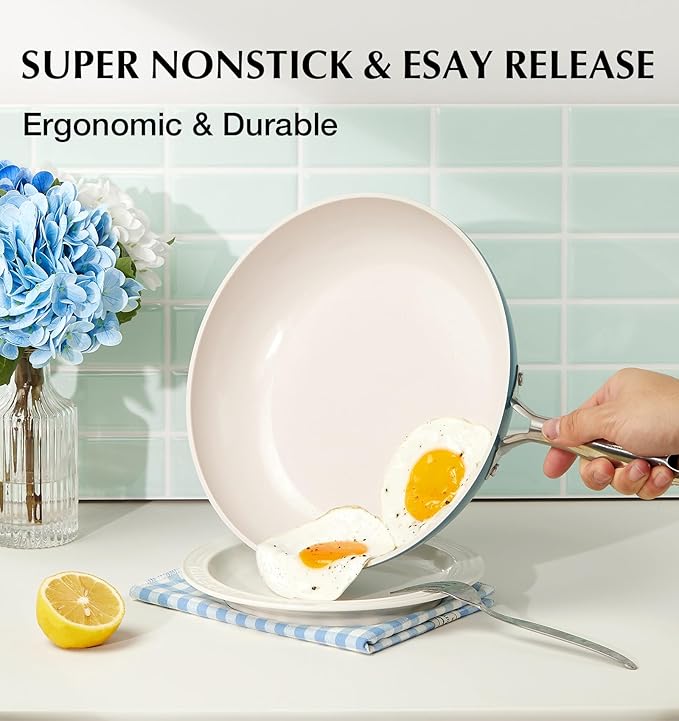 KOCH SYSTEME CS Nonstick Frying Pan with Lid 10 Inch - Ceramic Blue Omelet Pan