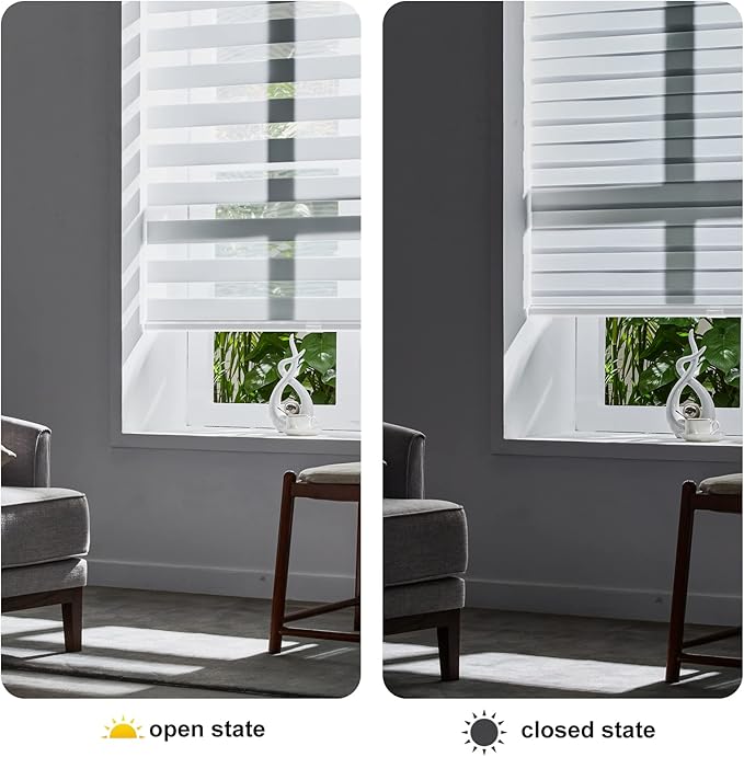 Persilux Cordless Zebra Blinds for Indoor Windows, Free-Stop Light Filtering Sheer Shades, Dual Layer for Day and Night, Roller Shades for Home (31.5" W X 64" H, White)
