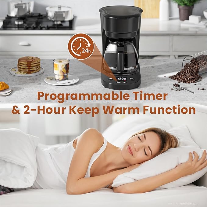 WAA 5 Cup Drip Coffee Maker, Portable Coffee Machine with Programmable Timer, Coffee Pots with Reusable Filter, Auto Shut-Off and Keep Warm Plate, Delay Brew, 25oz Water Tank, Black