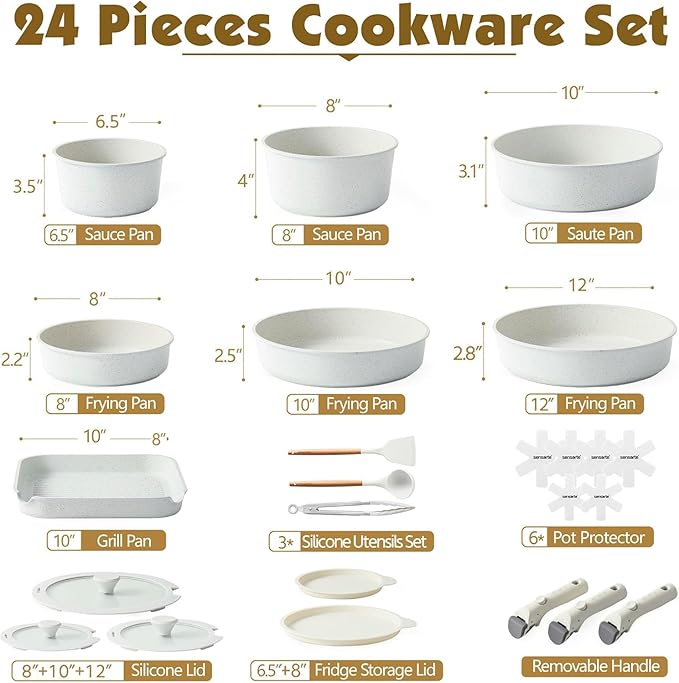 SENSARTE 24 Piece Pots and Pans Set, Nonstick Detachable Handle Cookware, Induction Kitchen Cookware Set with Removable Handle, Healthy Non Stick for RV, Dishwasher ＆ Oven Safe (White)