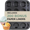 CARTMAN 2 Pack Muffin Pans with 200 Cupcake Liners, Nonstick 12-Cup Muffin Tins, Carbon Steel Cupcake Pans for Baking Muffins, Egg Bites, Brownies & More