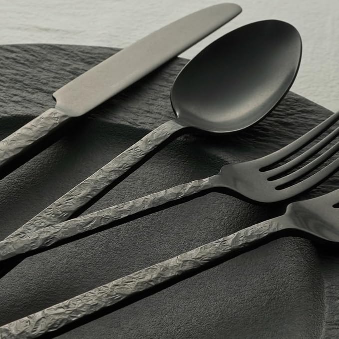 KINGSTONE 30 Pcs Black Hammered Silverware Set for 6, 18/10 Stainless Steel Heavy Duty Flatware Set, Tableware Cutlery Utensil Sets for Home Restaurant Dishwasher Safe