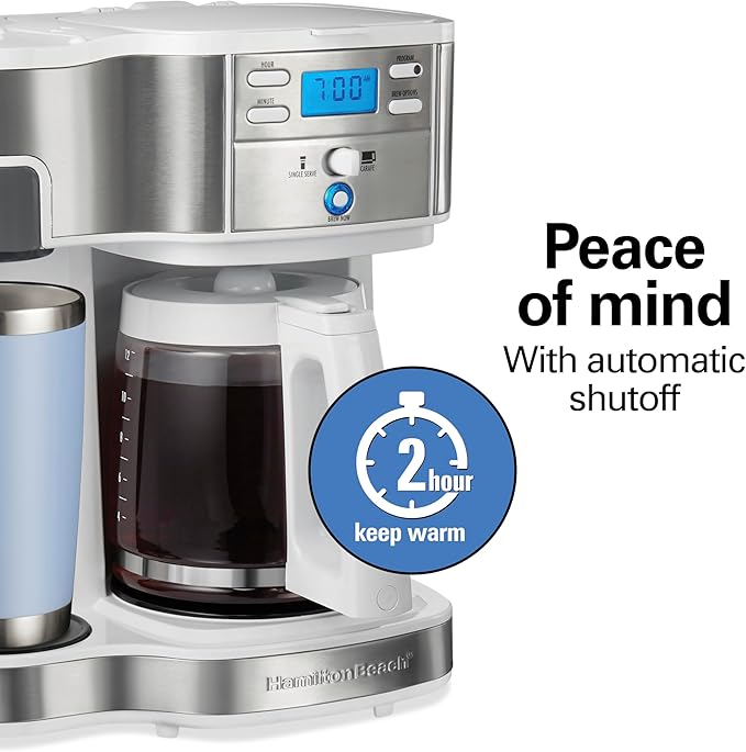 Hamilton Beach 2-Way Programmable Coffee Maker, 12 Cup Glass Carafe And Single Serve Coffee Maker, White with Stainless Steel Accents, 49933