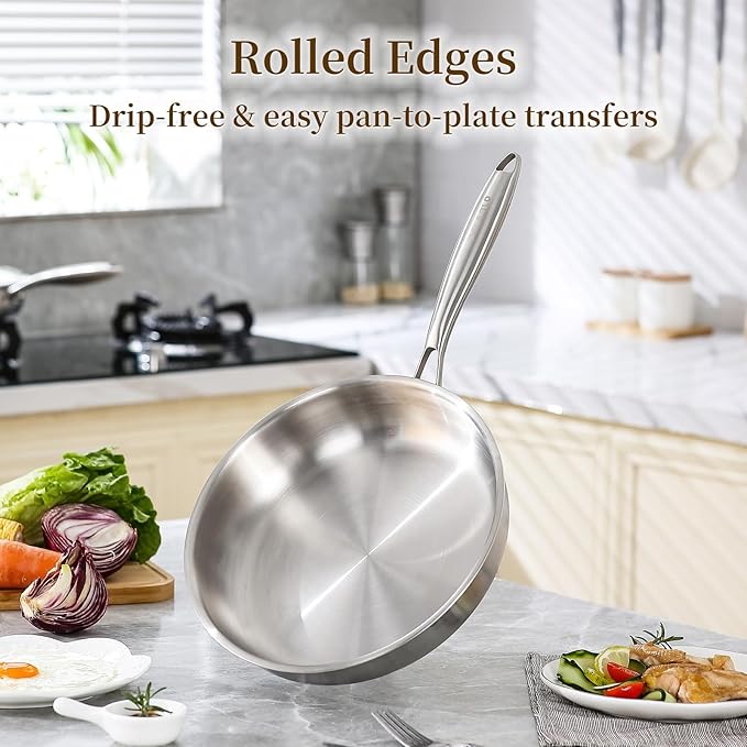 DELARLO Tri-Ply Stainless Steel Frying Pan, All Cooktops Compatible Up to 650℉, Oven Safe Induction Skillet, 12.5 inch Non toxic Cooking Surface, Fast & Even Heat, Durable Cookware