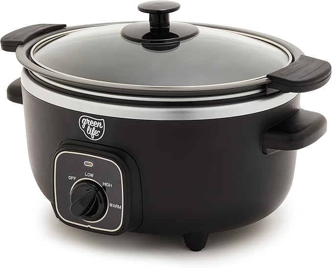 GreenLife 3.5QT Slow Cooker, Non-Toxic PFAS-Free Ceramic Nonstick Removable Interior Bowl, Programmable, Keep Warm, Stovetop & Oven Safe, Dishwasher Safe Parts, Glass Lid, Black