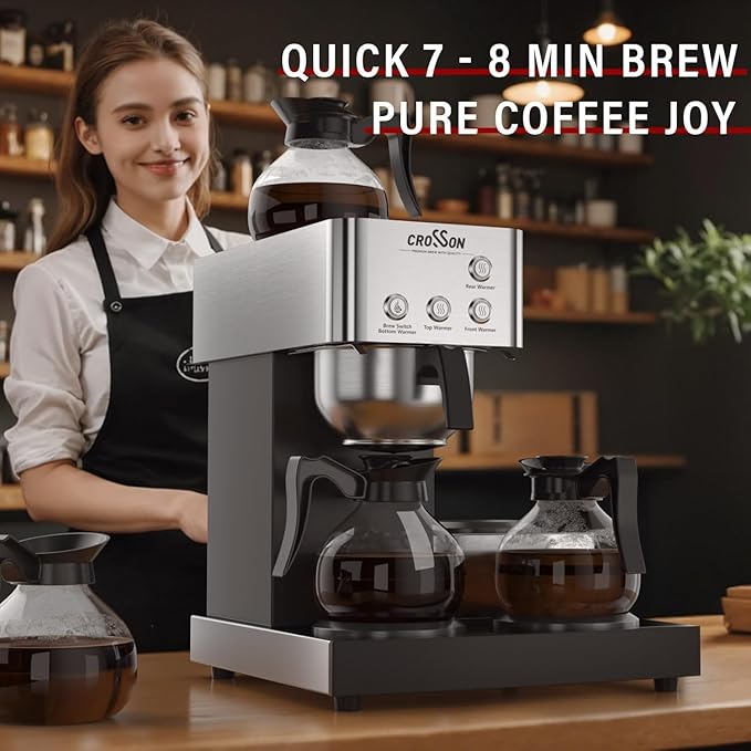 crosson 12 Cup Commercial Coffee Brewer with 4 Warmers & 4 Glass Decanter,Pour Over Drip Coffee Maker with Stainless Steel Housing and 304 SS Funnel