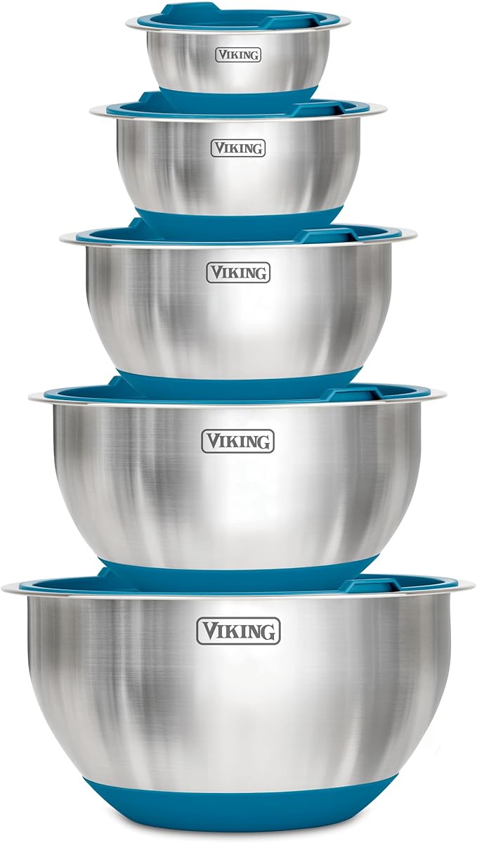 VIKING Mixing Bowls Set 10 Piece - Stainless Steel with Non-Slip Silicone Base Blue