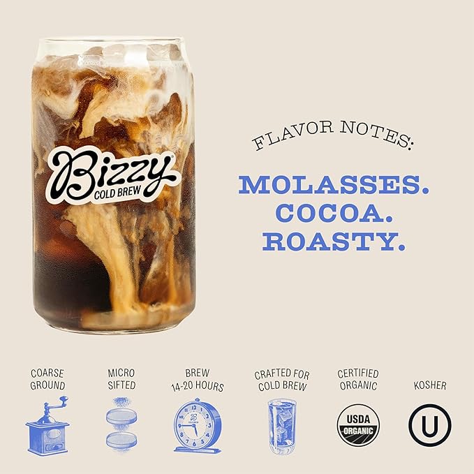 Bizzy Organic Cold Brew Coffee | Dark & Bold Blend | Coarse Ground Coffee | Dark Roast | Micro Sifted | Specialty Grade | 100% Arabica | Brew Bags | 12 Count | Makes 42 Cups