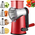 Rotary Cheese Graters with 4 Blades, Hand Crank Cheese Grater with Waffle Slicer, Red, Black and White Cheese Shredder with Suction Base, Easier for Shredding & Grating (Red, 4 Graters)