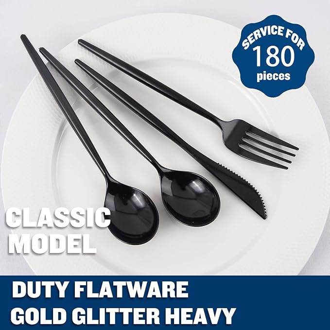 Supernal 180pcs Black Plastic Silverware Heavy Duty Black Party Cutlery Disposable Plastic Forks and Spoons Disposable Utensils Flatware Include 60 Forks,60 Knvies,60 Spoons